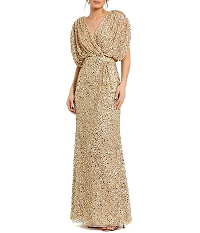 Mac Duggal Sequin Surplice V-Neck Draped Cap Sleeve Blouson Bodice Sheath Gown