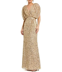Mac Duggal Sequin Surplice V-Neck Draped Cap Sleeve Blouson Bodice Sheath Gown
