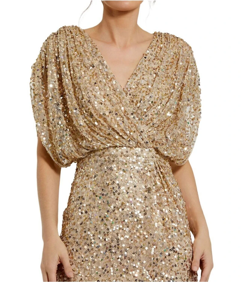 Mac Duggal Sequin Surplice V-Neck Draped Cap Sleeve Blouson Bodice Sheath Gown