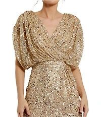 Mac Duggal Sequin Surplice V-Neck Draped Cap Sleeve Blouson Bodice Sheath Gown