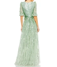 Mac Duggal Sequin Surplice V-Neck 3/4 Sleeve Embellished A-Line Gown