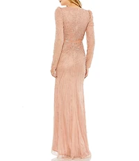 Mac Duggal Beaded Surplice V-Neck Long Sleeve Gown