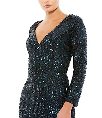 Mac Duggal Sequin Sweetheart Neck Long Sleeve Gown