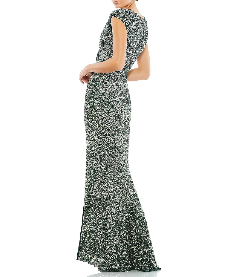Mac Duggal Sequin V-Neck Thigh High Slit Sleeveless Sheath Gown
