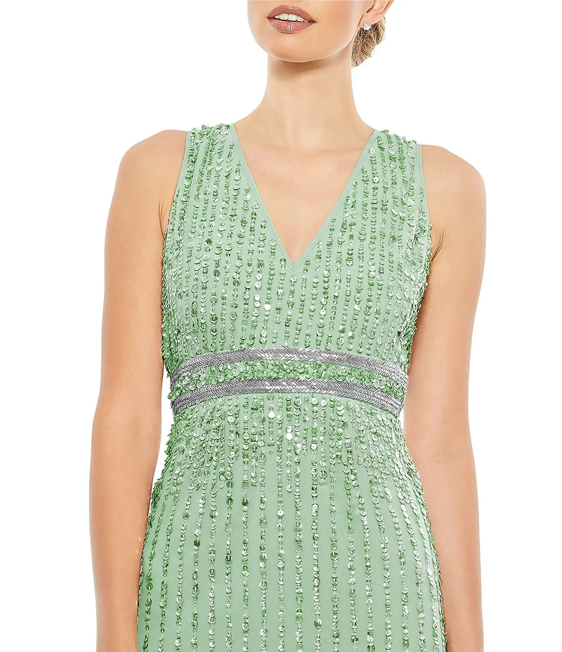 Mac Duggal Sequin V-Neck Sleeveless Midi Dress