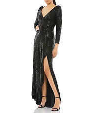 Mac Duggal Sequin Wrap Long Sleeve A-Line Gown
