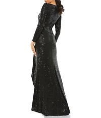 Mac Duggal Sequin Wrap Long Sleeve A-Line Gown