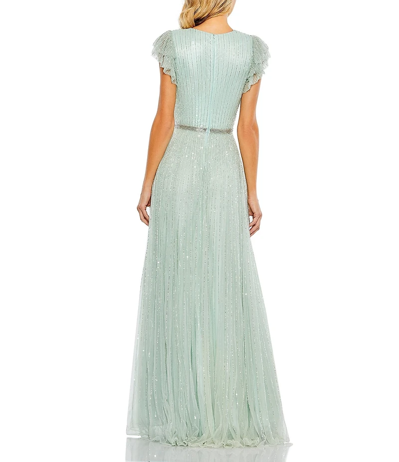 Mac Duggal Sequin Wrap Over Surplice V-Neck Ruffle Cap Sleeve Gown