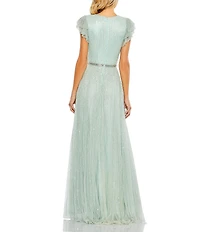 Mac Duggal Sequin Wrap Over Surplice V-Neck Ruffle Cap Sleeve Gown