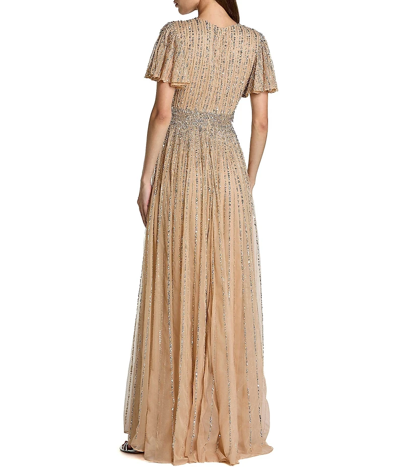 Mac Duggal Sequined Butterfly Sleeve V Neck Gown