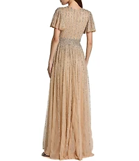 Mac Duggal Sequined Butterfly Sleeve V Neck Gown