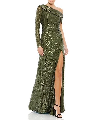Mac Duggal Sequined Drop Shoulder Faux Wrap Gown