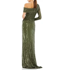 Mac Duggal Sequined Drop Shoulder Faux Wrap Gown