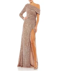 Mac Duggal Sequined Drop Shoulder Faux Wrap Gown
