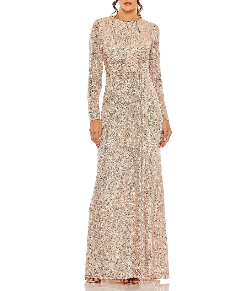 Mac Duggal Sequined Long Sleeve Side Knot Gown