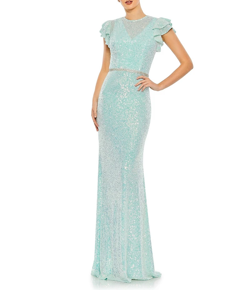 Mac Duggal Sequined Mesh High V-Neck Overlay Flutter Sleeves Mermaid Gown