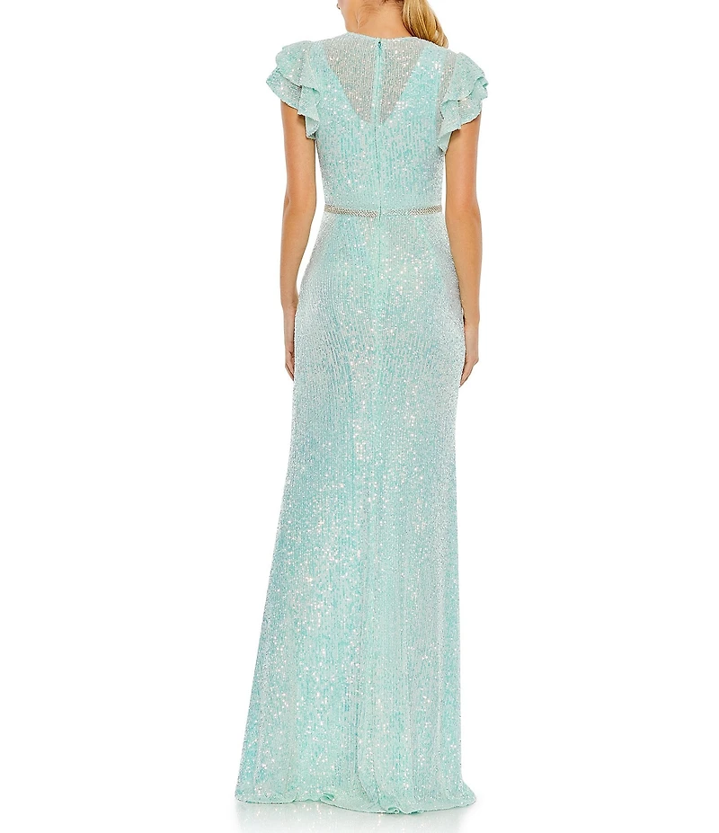 Mac Duggal Sequined Mesh High V-Neck Overlay Flutter Sleeves Mermaid Gown