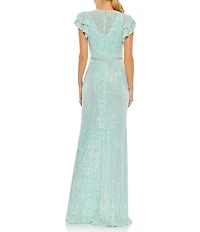 Mac Duggal Sequined Mesh High V-Neck Overlay Flutter Sleeves Mermaid Gown