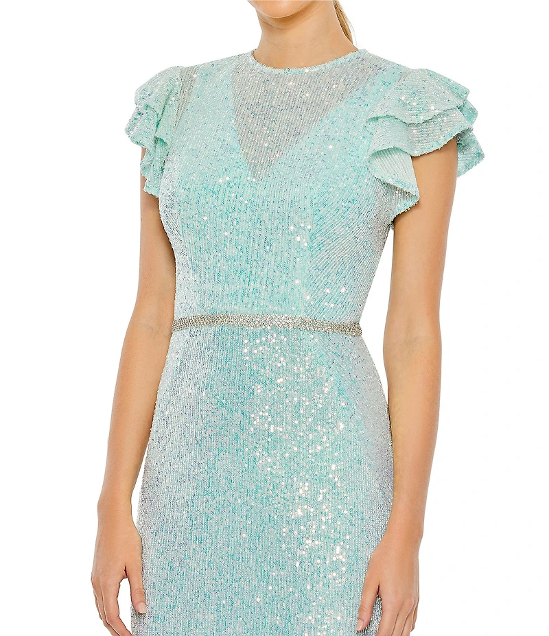 Mac Duggal Sequined Mesh High V-Neck Overlay Flutter Sleeves Mermaid Gown