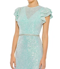 Mac Duggal Sequined Mesh High V-Neck Overlay Flutter Sleeves Mermaid Gown