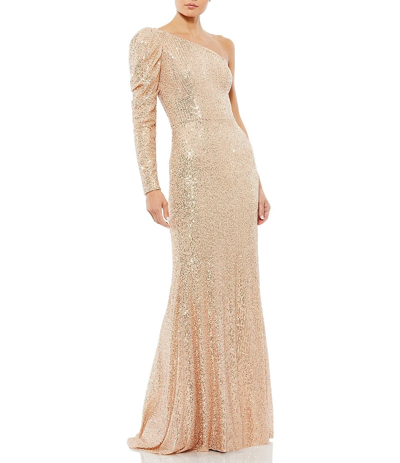 Mac Duggal Sequined One Shoulder Trumpet Gown