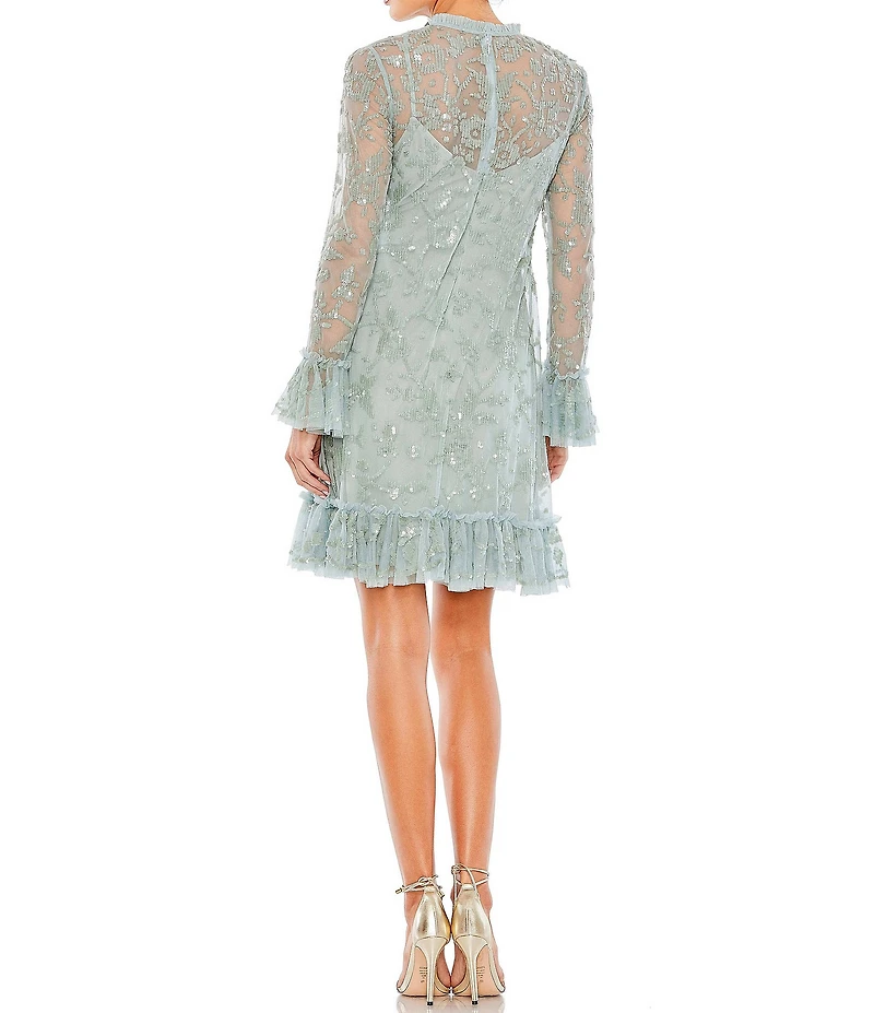 Mac Duggal Sequined Ruffled Hem Illusioned High Neck Long Sleeve Mini Dress