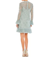 Mac Duggal Sequined Ruffled Hem Illusioned High Neck Long Sleeve Mini Dress