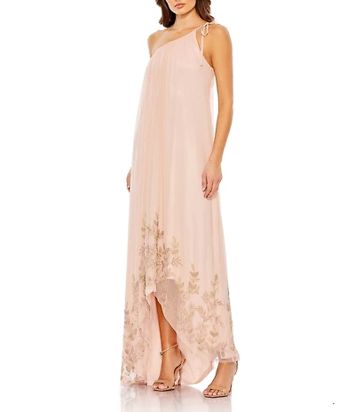 Mac Duggal Sheer Chiffon Beaded One Shoulder Asymmetrical Flowy Caftan Gown