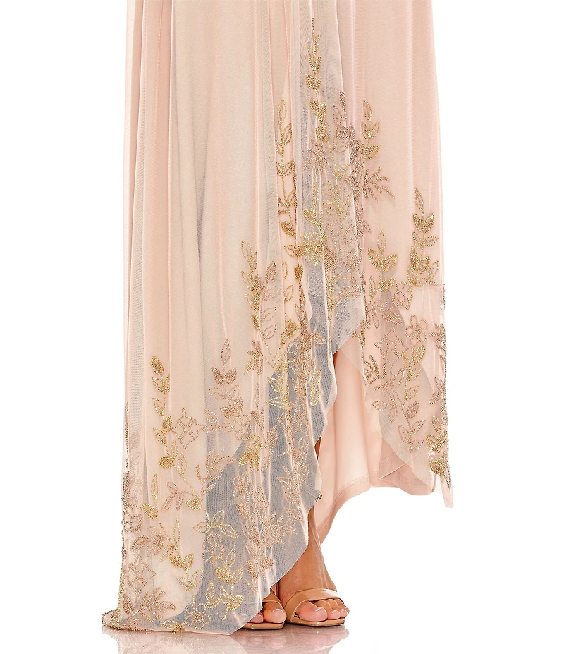Mac Duggal Sheer Chiffon Beaded One Shoulder Asymmetrical Flowy Caftan Gown