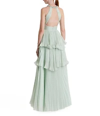 Mac Duggal Sheer Chiffon Halter Neck Sleeveless Keyhole Tiered Hem Colum Gown