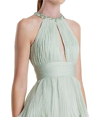 Mac Duggal Sheer Chiffon Halter Neck Sleeveless Keyhole Tiered Hem Colum Gown