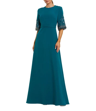 Mac Duggal Short Beaded Sleeve Crepe A-Line Gown