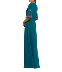 Mac Duggal Short Beaded Sleeve Crepe A-Line Gown