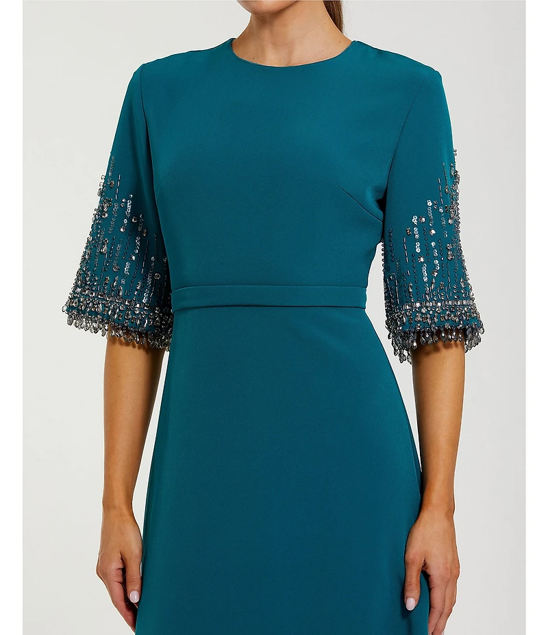 Mac Duggal Short Beaded Sleeve Crepe A-Line Gown