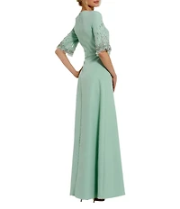 Mac Duggal Short Beaded Sleeve Crepe A-Line Gown