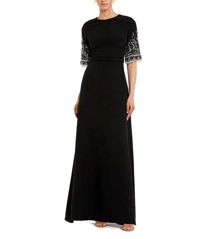 Mac Duggal Short Beaded Sleeve Crepe A-Line Gown