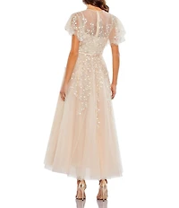 Mac Duggal Short Floral Sleeve Crew Neckline Bow Waist Tulle A-Line Dress