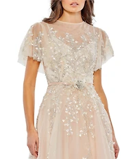 Mac Duggal Short Floral Sleeve Crew Neckline Bow Waist Tulle A-Line Dress