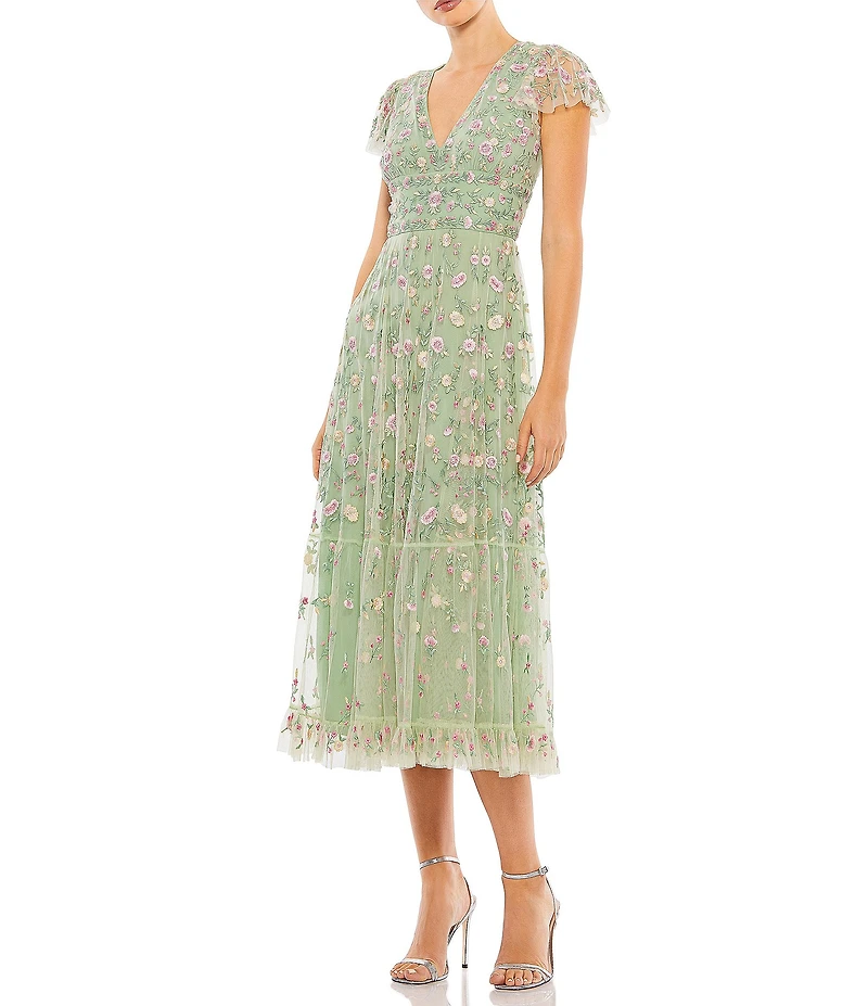 Mac Duggal Short Flutter Sleeve Plunge V-Neck Floral Print A-Line Dress