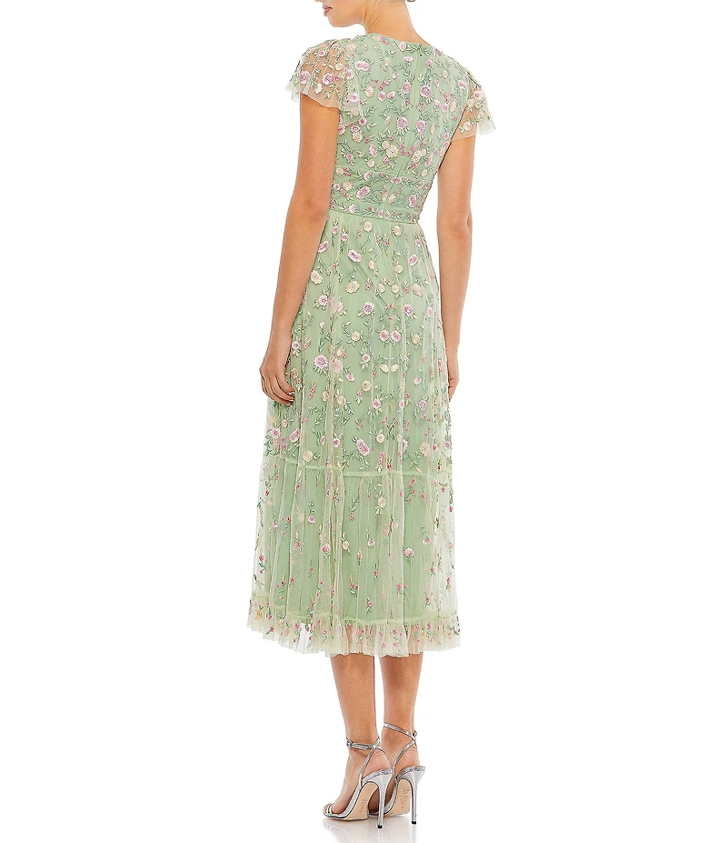 Mac Duggal Short Flutter Sleeve Plunge V-Neck Floral Print A-Line Dress