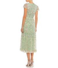 Mac Duggal Short Flutter Sleeve Plunge V-Neck Floral Print A-Line Dress