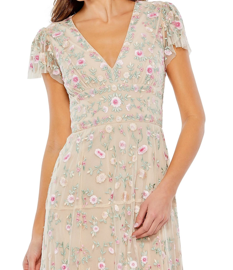 Mac Duggal Short Flutter Sleeve Plunge V-Neck Floral Print A-Line Dress