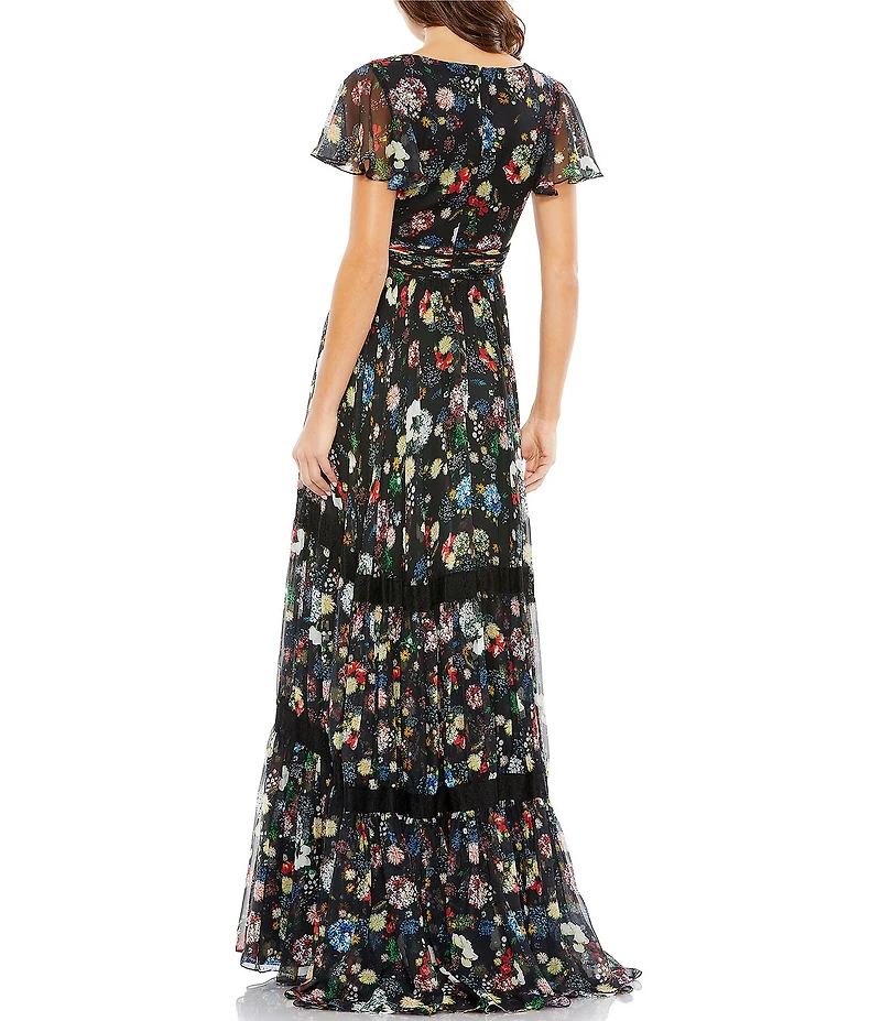 Mac Duggal Floral Print Short Flutter Sleeve Plunge V-Neck Pleated Tiered A-Line Gown