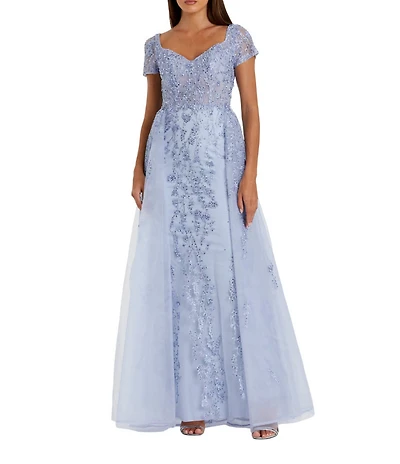 Mac Duggal Short Sleeve Beaded Embroidered Overskirt Gown