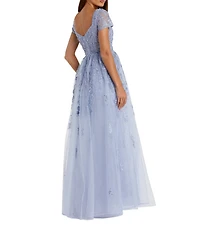 Mac Duggal Short Sleeve Beaded Embroidered Overskirt Gown