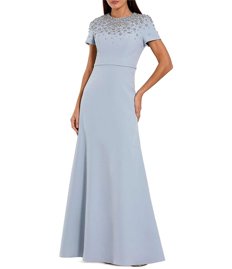 Mac Duggal Short Sleeve Beaded High Neck Crepe Gown