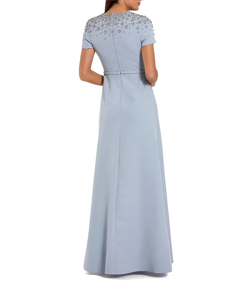 Mac Duggal Short Sleeve Beaded High Neck Crepe Gown