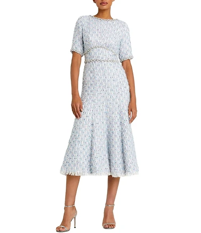 Mac Duggal Short Sleeve Beaded Trim Boucle Midi Dress