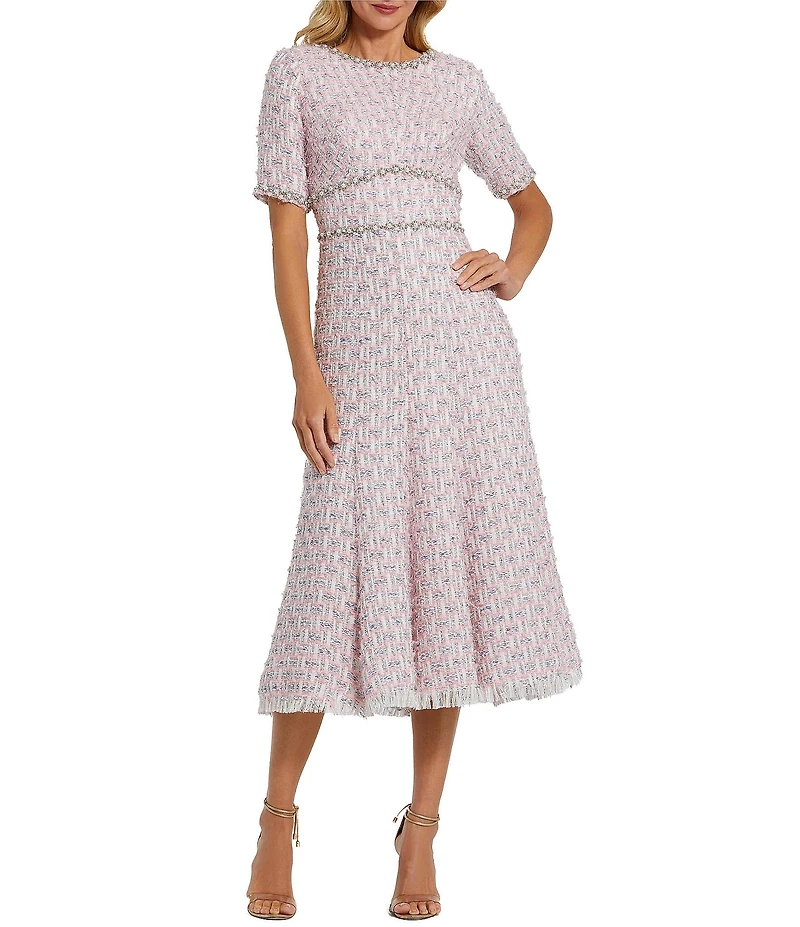 Mac Duggal Short Sleeve Beaded Trim Boucle Midi Dress