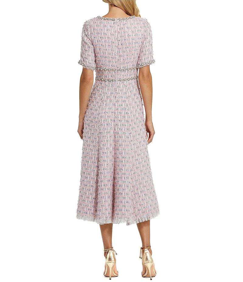 Mac Duggal Short Sleeve Beaded Trim Boucle Midi Dress